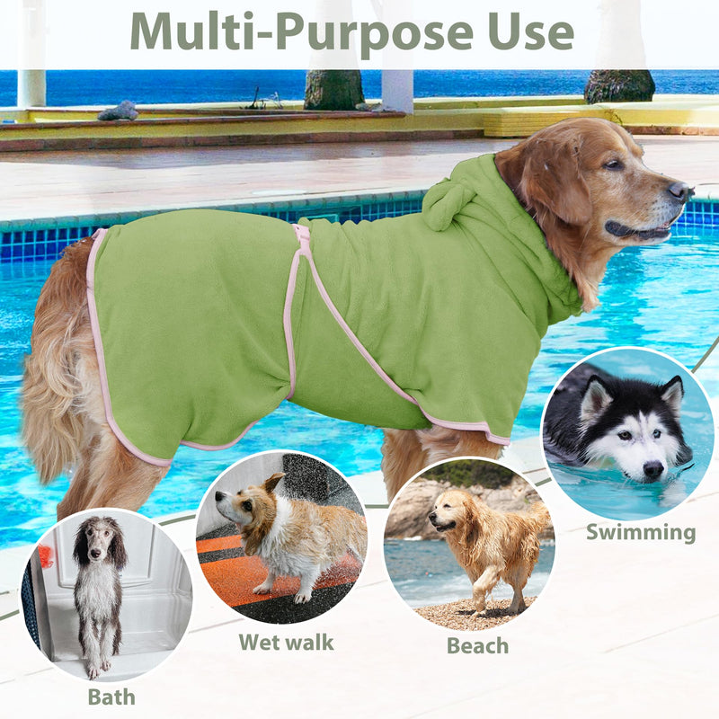 Dog Bathrobe Super Absorbent Towel Robe - Microfiber Bath Towels Fast Drying Coat for Dogs, Cute Dogs Clothes Adjustable Collar & Belly Strap Warm Keeping Hooded Dog Towel (Olive Green, X-Large) Olive Green - PawsPlanet Australia