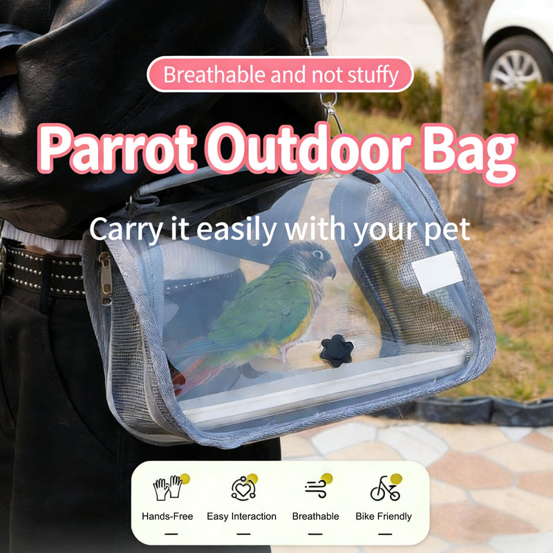 Portable Bird Travel Carrier with Breathable Mesh Windows Hands Free Parrot Backpack for Vet Visit Shopping Hiking, Clear View Small Pet Cage with Easy Clean Removable Tray and Perch Gray