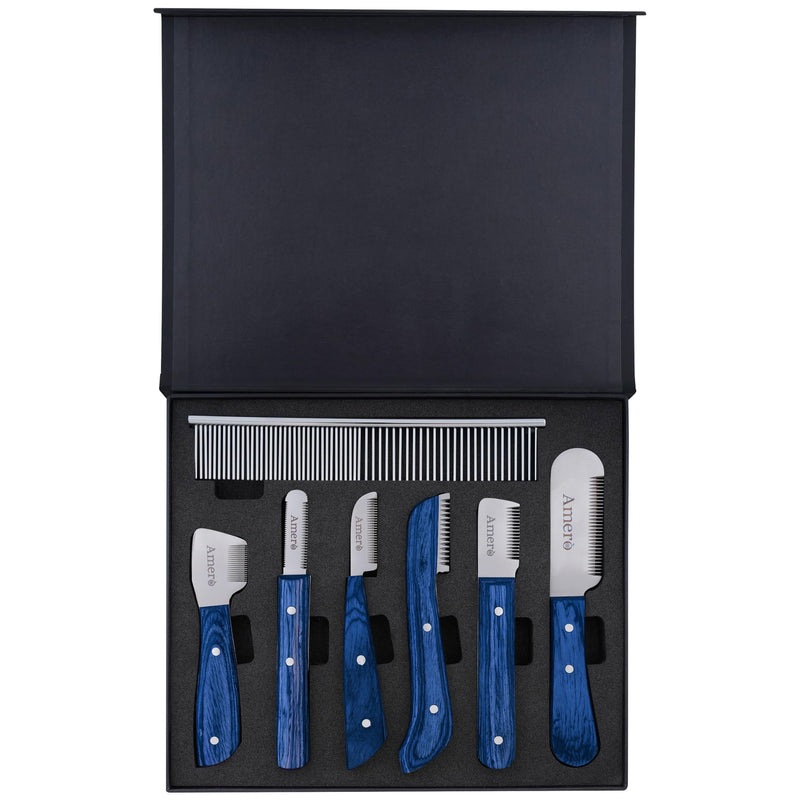 Premium 7-Piece Pet Grooming & Stripping Knife Kit with Bonus Comb – Professional Undercoat Removal Tools, Stainless Steel Blades & Ergonomic Wooden Handles for Dogs & Cats
