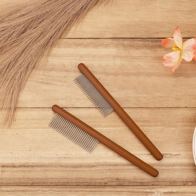 2pcs Solid Wood Grooming Combs with Wide & Narrow Rounded-Tip Steel Teeth - Metal Flea & Lice Comb for Dogs, Cats, Small & Medium Pets' Tangled Hair - PawsPlanet Australia