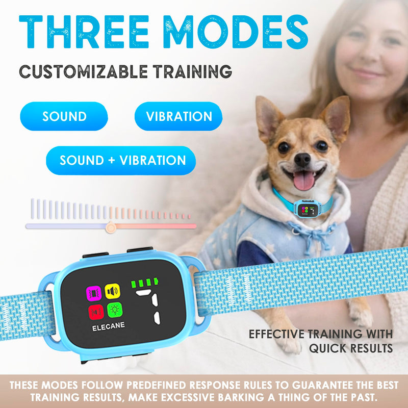 Tiny Bark Collar for Small Dogs 5-15 lbs and Puppies - No Shock Anti Barking Collar - Rechargeable Smart Collar for Dog Training with 7 Sensitivity Levels and 3 Beep&Vibration Modes (Pure Blue) Pure Blue