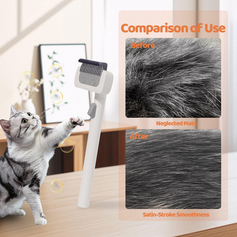 Furgo Cat Brush for Long Haired Cats, Pet Grooming Brush for Matted Fur & Loose Hair, One-Click Hair Removal, Skin-Friendly, Deshedding & Dematting Comb for Cats & Small Dogs White - No Spray Comb