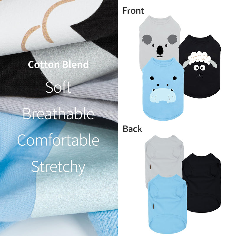 Fitwarm 3 Pack Hippo Sheep Koala Dog Shirt, Summer Clothes for Small Dogs Boy Girls, Funny Pet Outfit, Black, White, Gray, Blue, Medium Hippo-Sheep-Koala
