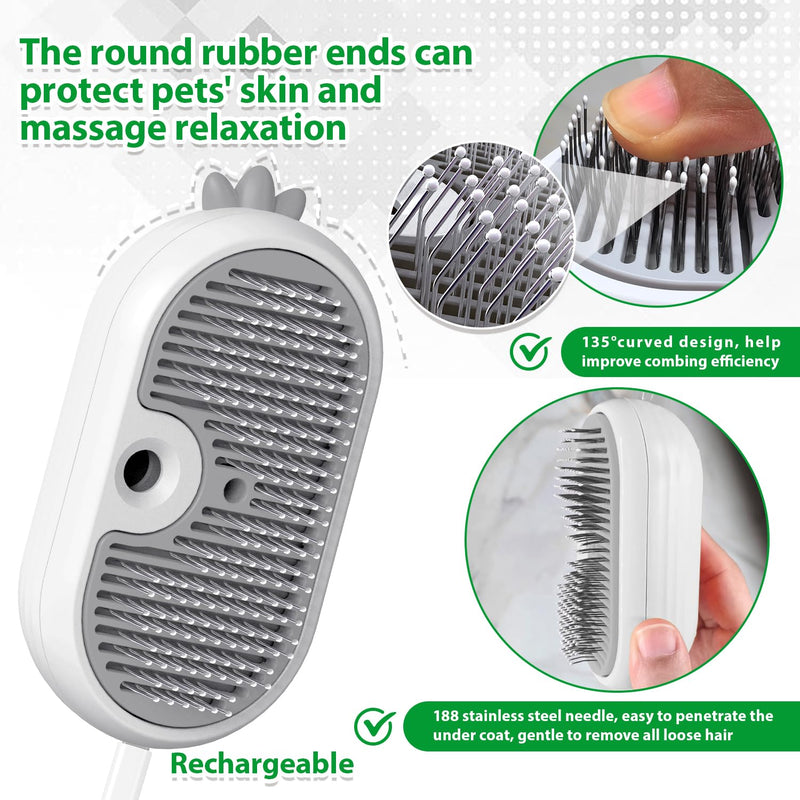 Cat Steam Brush with Release Button, 3 in 1 Rechargeable Pet Spray Water Comb for Long & Short Hair Removal, Self Cleaning Slicker Vapor Brush for Indoor Cats Dogs Rabbits Shedding Grooming White - PawsPlanet Australia