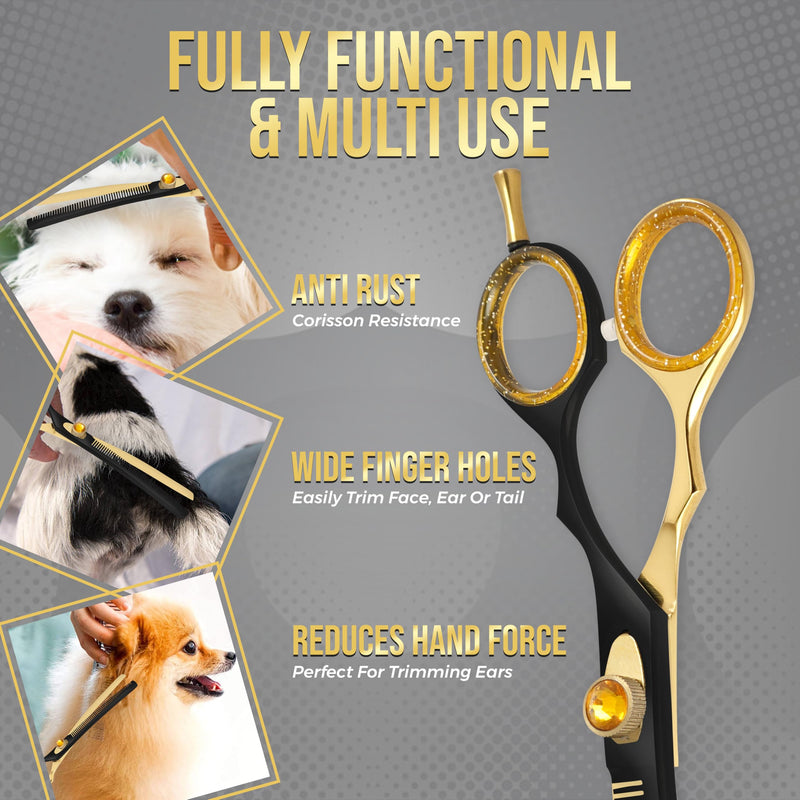 ZAVRIX Professional Dog Grooming Scissors – 7.5” Curved Thinning Shears with 34 Teeth, Pet Chunkers for Dogs & Cats, Premium 440C Stainless Steel Grooming Tools (Golden Black Curved Thinning Scissor) Golden Black Curved Thinning Scissor - PawsPlanet Australia