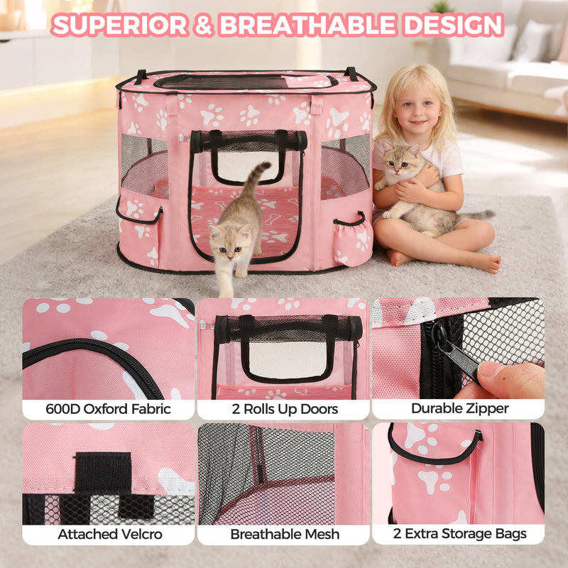 Homimp Portable Pet Playpen for Indoor Cats & Puppies, Foldable Dog Playpen Outdoor Tent Crate Cage with Pee Pad & Carry Bag, Pet Crate with Mesh Sides for Small Animals Travel, Pink S Small: 27.5"L x 21.6"W x 17.7"H
