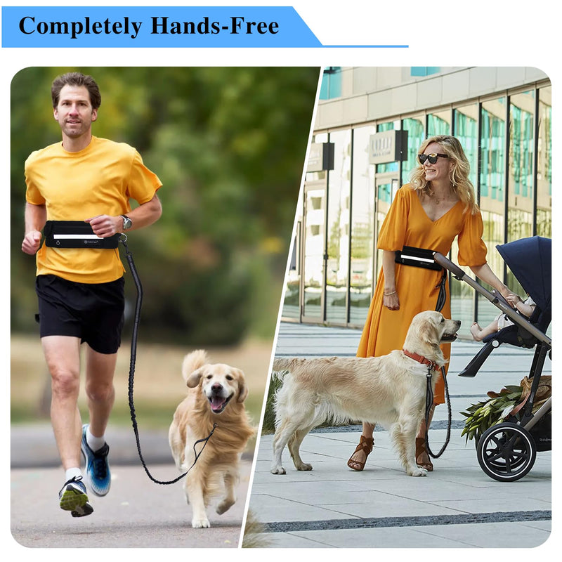 Tails & Tales Hands Free Waist Leash for Dog Walking Running Hiking with Zipper Pouch, Adjustable Belt, Dual Padded Handles, Reflective Bungee Design for Small to Large 100lb Dogs (Black) Black - PawsPlanet Australia