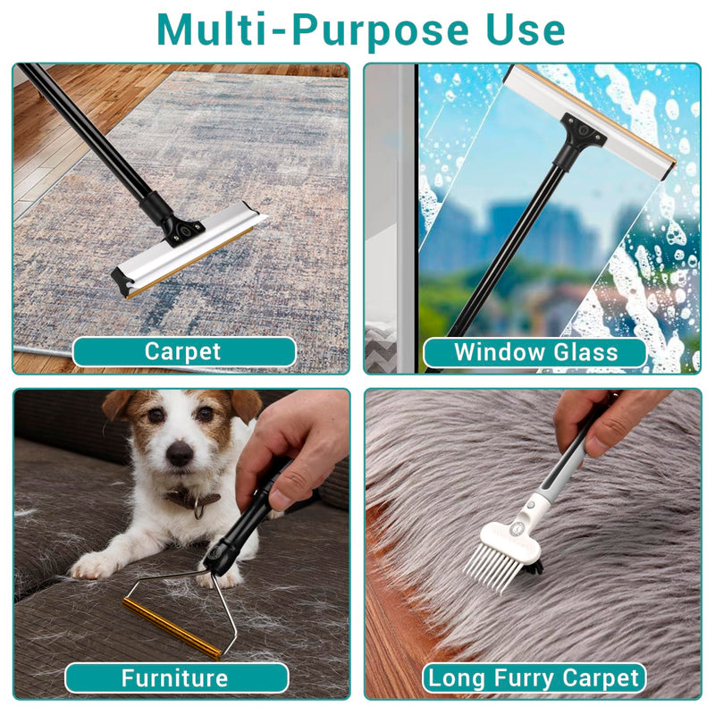 62" Carpet Rake for Pet Hair Removal – Adjustable Carpet Broom Bundle with Carpet Scraper & Hair Picker, Pet Hair Removal Tool for Dog & Cat Hair, Rug Rake Carpet Brush for Furniture & Carpets - PawsPlanet Australia