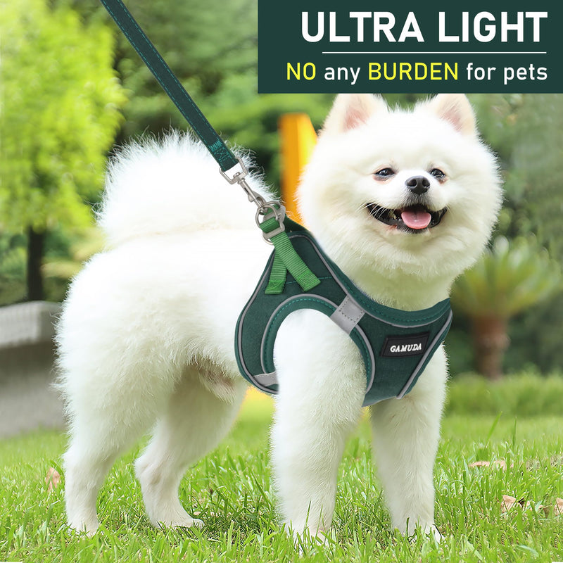 GAMUDA Small Pet Harness Collar and Leash Set, Step in No Chock No Pull Linen Fabric Soft Mesh Dog Vest Harnesses Reflective for Dogs Puppy Cats Kitten Rabbit (Green, S) Green - PawsPlanet Australia