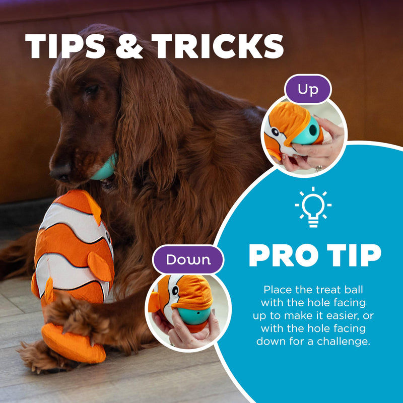 Outward Hound Nina Ottosson Big Mouthz Interactive Plush Dog Puzzle with Treat Ball, Clown Fish, Orange - PawsPlanet Australia