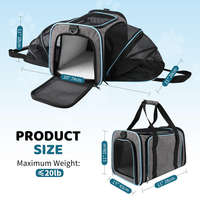 Cat Carrier - Airline Approved Expandable Soft Side Pet Carrier, Collapsible Pet Travel Bag Carrier with Foldable Pet Bowl for Cat Small Animals Under 14LB, 17 * 11 * 11 1844-Grey Blue - PawsPlanet Australia
