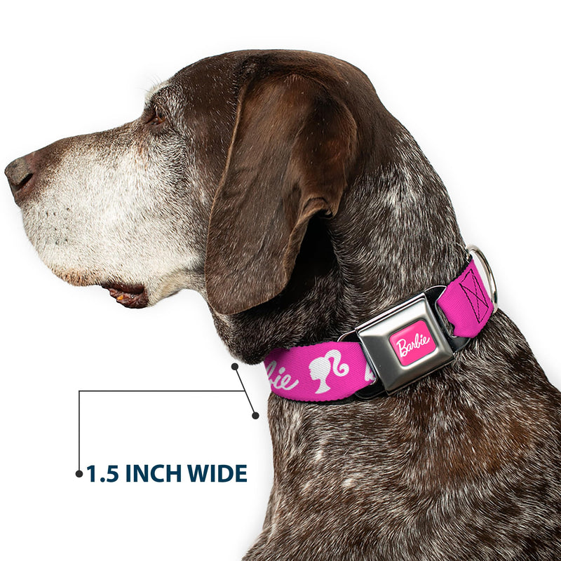 Mattel Easy Adjustable Metal Seatbelt Buckle Quick Release Dog Collar, Barbie Script Signature Logo and Silhouette Hot Pink White, 16 to 23 Inches 1.5 Inch Wide 1.5" Wide - Fits 16-23" Neck - Medium - PawsPlanet Australia