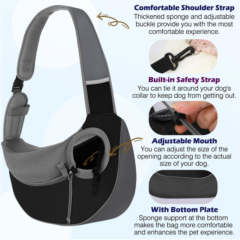 Pawaboo Pet Dog Sling Carrier, Hand Free Drawstring Dog Papoose with Adjustable Strap, Breathable Mesh Bag for Puppy Cat, Crossbody Satchel Dog Purse with Pocket for Outdoor, Dark Gray+Black, Medium Dark Gray + Black