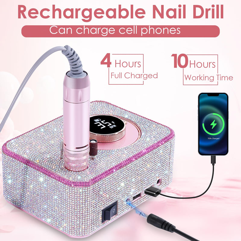 Electric Nail Drill 35000 RPM, Professional Rechargeable Nail File Kit, Nail Drill Machine, Acrylic Nail Kit for Any Manicure, Pedicure, Ideal Nail Art Tools, Designed for Salon, Home Rechargeable 35000 RPM Diamond - PawsPlanet Australia
