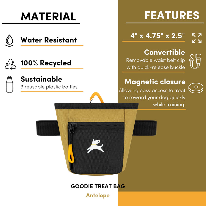 OllyDog Goodie Treat Bag, Dog Treat Pouch, Waist Belt Clip for Hands-Free Training, Magnetic Closure, Dog Training and Behavior Aids, Three Ways to Wear (Antelope) Antelope
