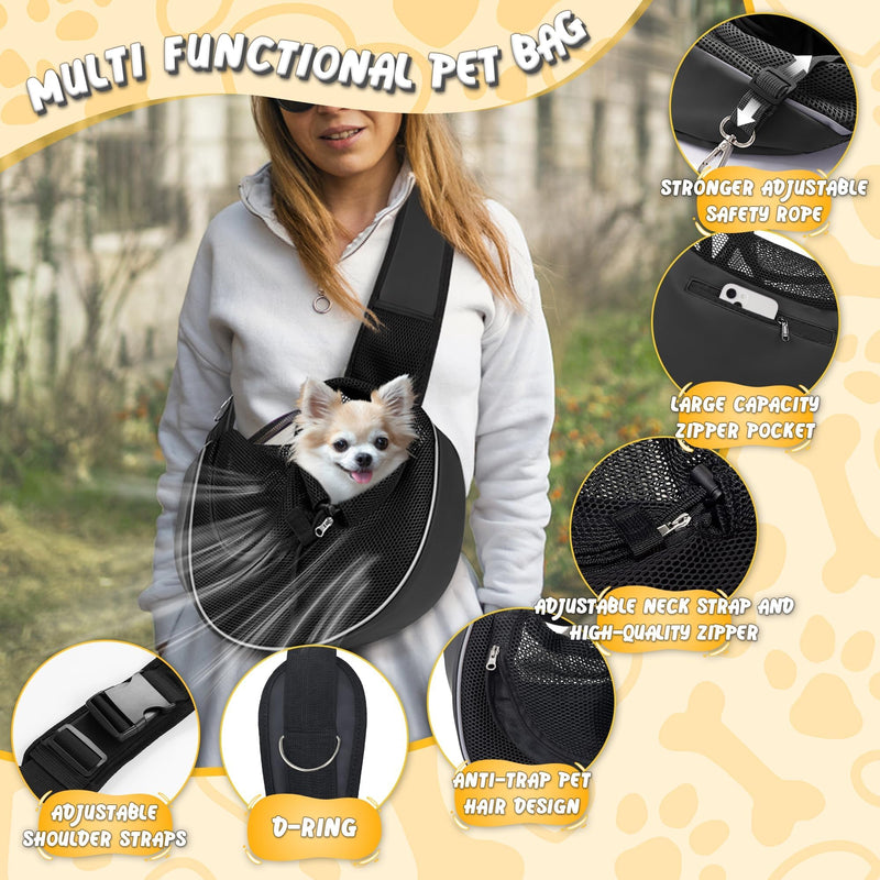 Detachable Hard Bottom Dog Sling for Small Dogs & Cats Up to 10 lbs- Upgraded Breathable Mesh, Adjustable Strap & Large Pocket - Hands-Free Pet Carrier for Travel Walking Hiking (Black Size M) Medium(5-10lbs) Black - PawsPlanet Australia
