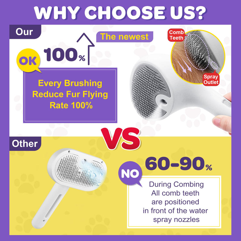 Pet Spray Grooming Brush Cat Brushes Cat Hair Removal Products Cat Shedding Tools Self Cleaning Ergonomic Grip for Short Long Haired Pets Help with matted Fur Rechargable Comb Mist White - PawsPlanet Australia