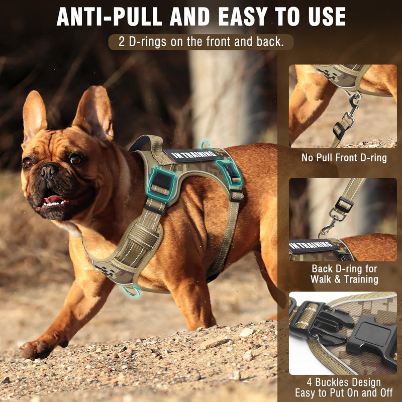Tactical Dog Harness and Leash Set Medium Sized Dog,Heavy Duty No Pull Service Dog Vest and 10 Patches with Dog Seat Belt,Reflective Adjustable Pet Harness for Training Walking Hiking Camo M Desert Camo
