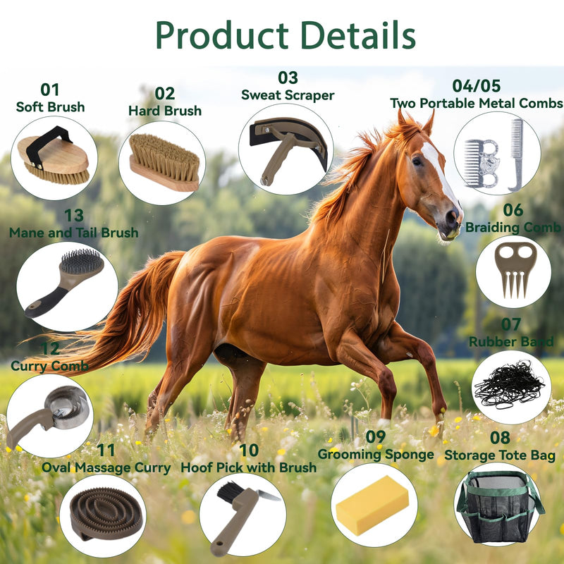 Horse Grooming Kit 13 Piece, Horse Brushes for Grooming Supplies Set with Organizer Bag, Horse Brush & Curry Comb for Effective Cleaning, Gift for Horses Riders Beginners Brown Green