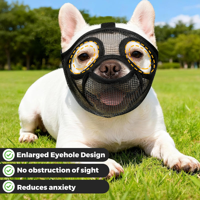 French Bulldog Muzzle, Soft Mesh Short Snout Muzzle with Mouth Opening & Enlarged Eye Holes, Allows Panting, Drinking & Feeding, Prevents Biting for Shih Tzu Pug English Bulldog(M,Black) M Black - PawsPlanet Australia
