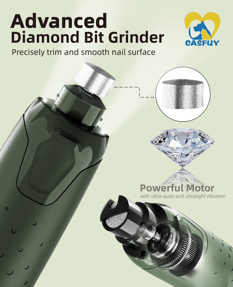 Casfuy Dog Nail Grinder Quiet - (45db) 6-Speed Pet Nail Grinder with 2 LED Lights for Large Medium Small Dogs/Cats, Professional 3 Ports Rechargeable Electric Dog Nail Trimmer with Dust Cap Armygreen