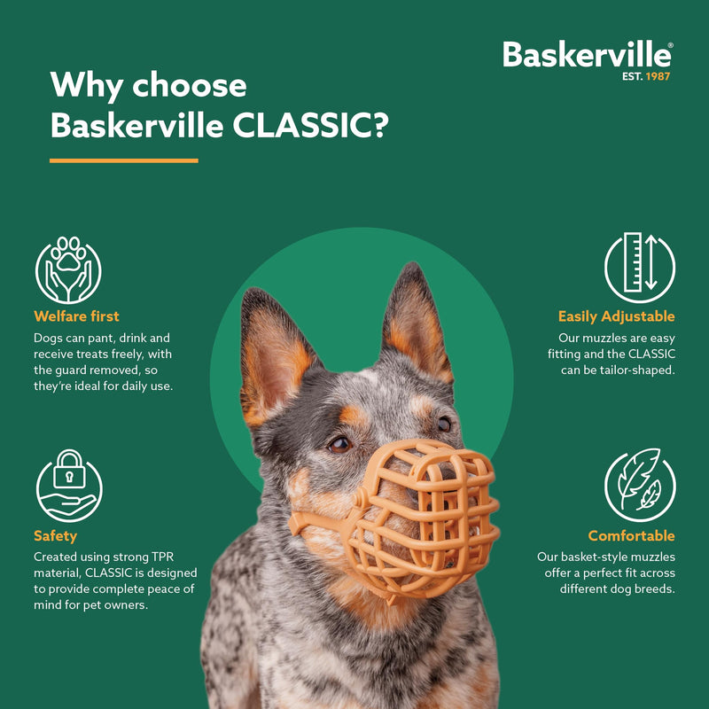 Baskerville Classic Basket Muzzle - Dog can Pant and Drink, Prevents Biting and Food Waste Scavenging, Strong TPR, Ideal for Longer Nosed Dogs, Breathable Dog Training Muzzle for Large Dogs (Size 10) - PawsPlanet Australia