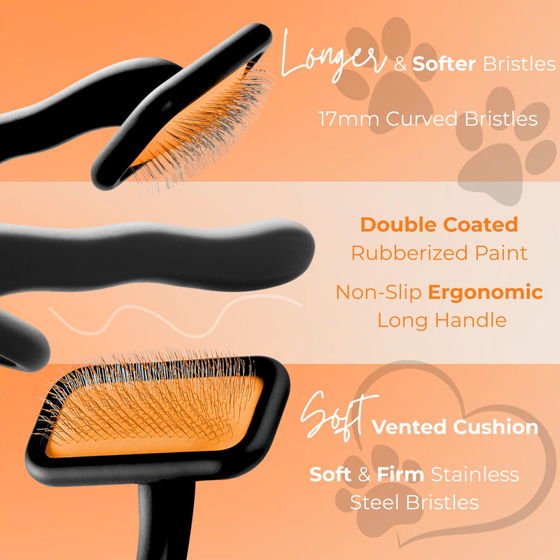 Black Medium Dog Slicker Brush for Dogs and Cats Grooming | Detangle, Fluff & Volumize | Soft Vented Cushion | Matt Rubberized Paint | Ergonomic Handle | Wire Brush | Orange Details - PawsPlanet Australia