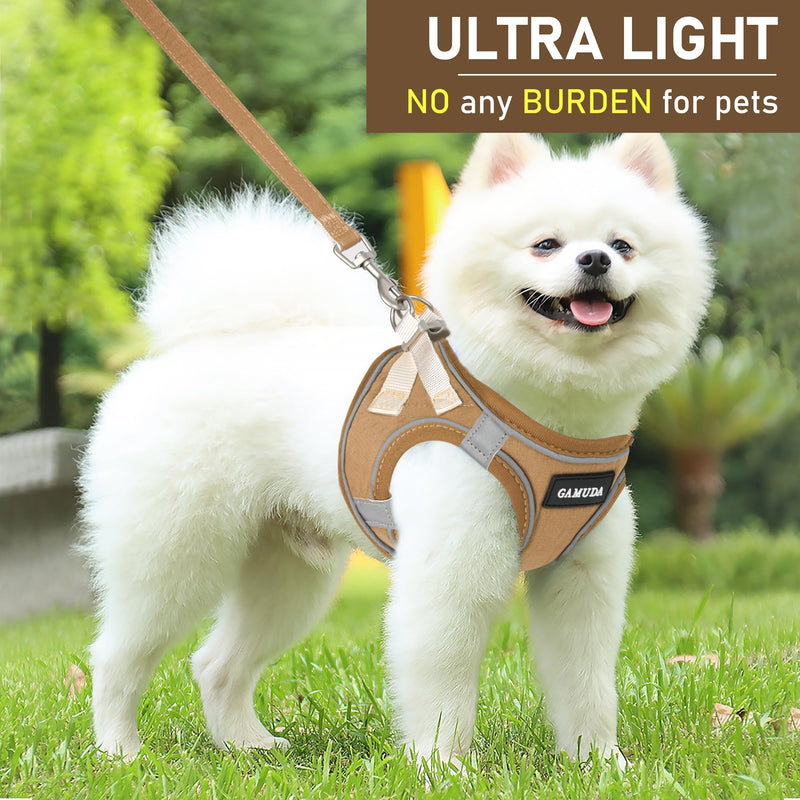 GAMUDA Small Pet Harness Collar and Leash Set, Step in No Chock No Pull Linen Fabric Soft Mesh Dog Vest Harnesses Reflective for Dogs Puppy Cats Kitten Rabbit (Brown, XS) Brown - PawsPlanet Australia