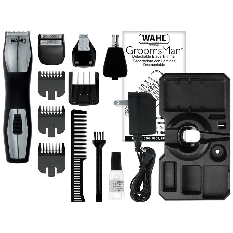 Wahl 9855-300 Groomsman Pro All-in-one Rechargeable Grooming Kit, Black/Silver 11 Piece Set - PawsPlanet Australia