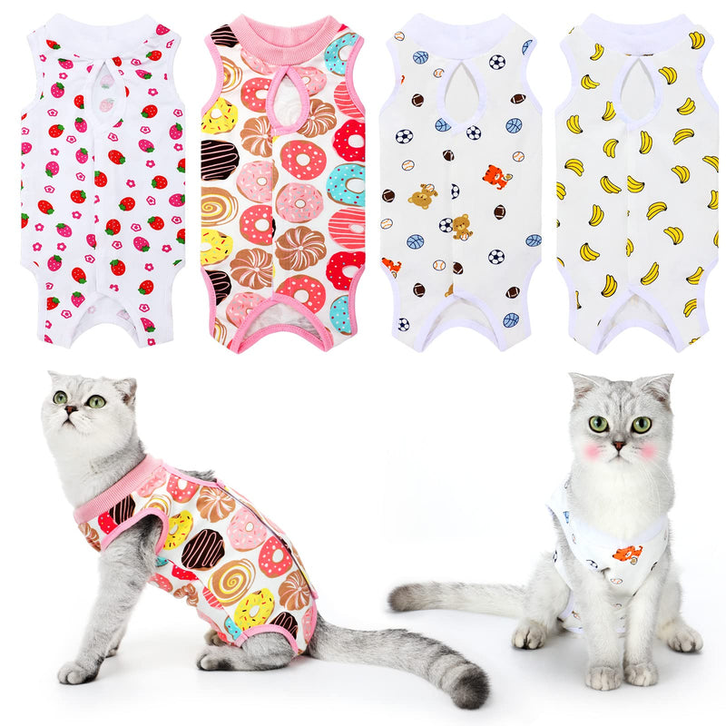 4 Pieces Cat Recovery Suits Body Wraps Breathable Kittens Recovery Clothes for Cats Small Dogs Abdominal Weaning(Banana, Football, Strawberry, Donut,XL) Classic Pattern XL