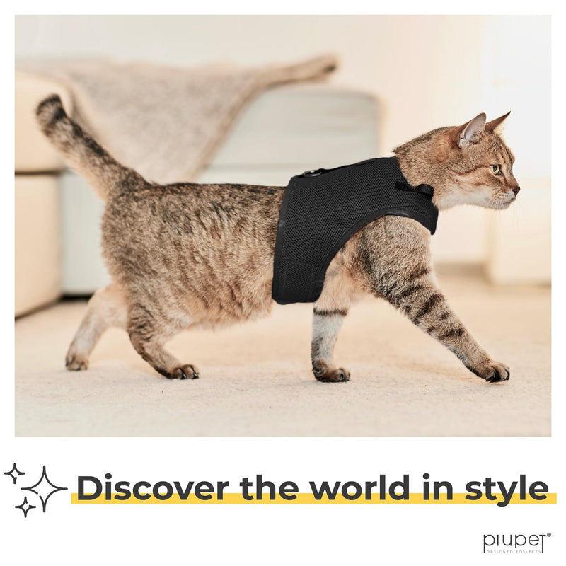 PiuPet® Cat Harness and lead set I 1,2m cat lead I Cat harness escape-proof I Robust Cat Collars | Cat Leash | Cat Harnesses | Cat Harness Escape Proof | Kitten Harness and Lead Set I Size S I Black Black S (neck circumf. 20-24cm, chest 36-40cm) - PawsPlanet Australia