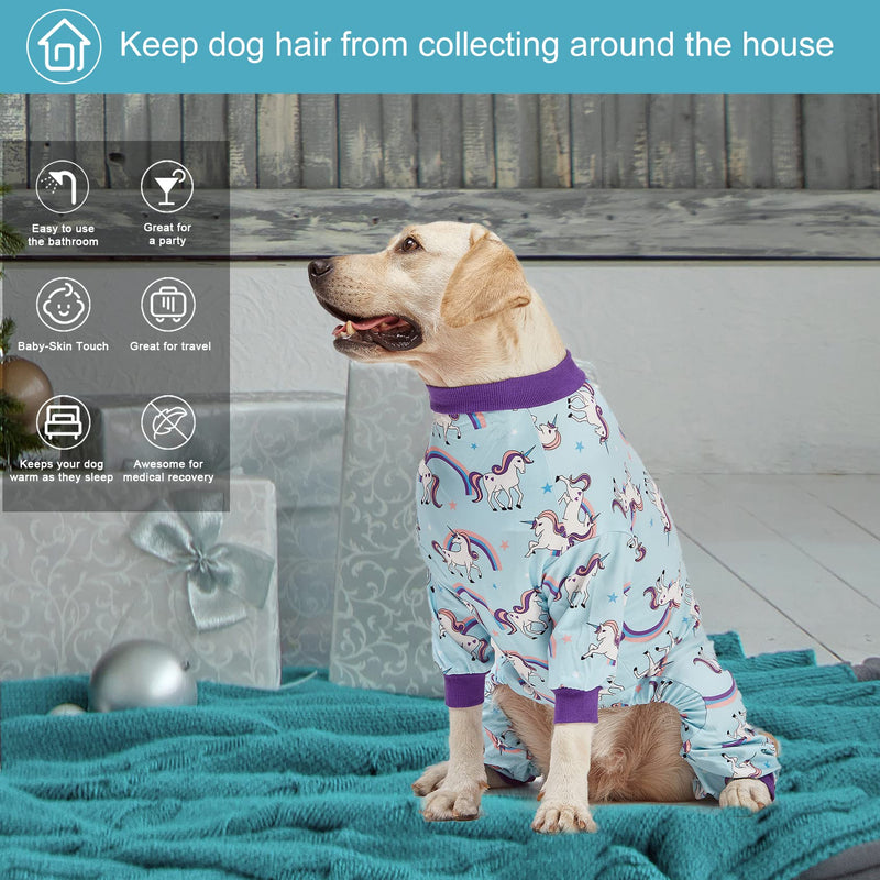 LovinPet Large Dog Pajamas PJS, Wound Care/Post Surgical Recovery Shirt for Big Dogs, Lightweight Stretchy Pullover Dog Onesie, Stop Shedding for Dogs, Magical Unicorn Rainbow Print, Pet PJ's, L Purple - PawsPlanet Australia