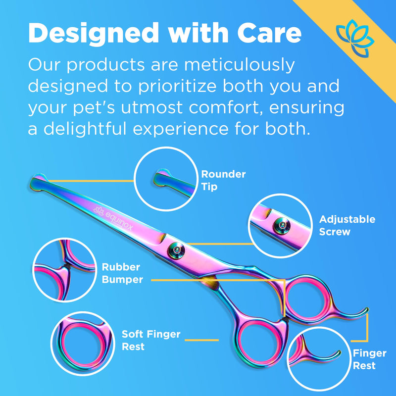 Equinox Dog Grooming Scissors & Deshedder - 7 in 1 Pet Grooming Scissors Set with undercoat brush - Curved Dog Scissors with safety tips - Includes Thinning & Rounded Shears - For dogs & cats Rainbow- Pet Grooming - PawsPlanet Australia