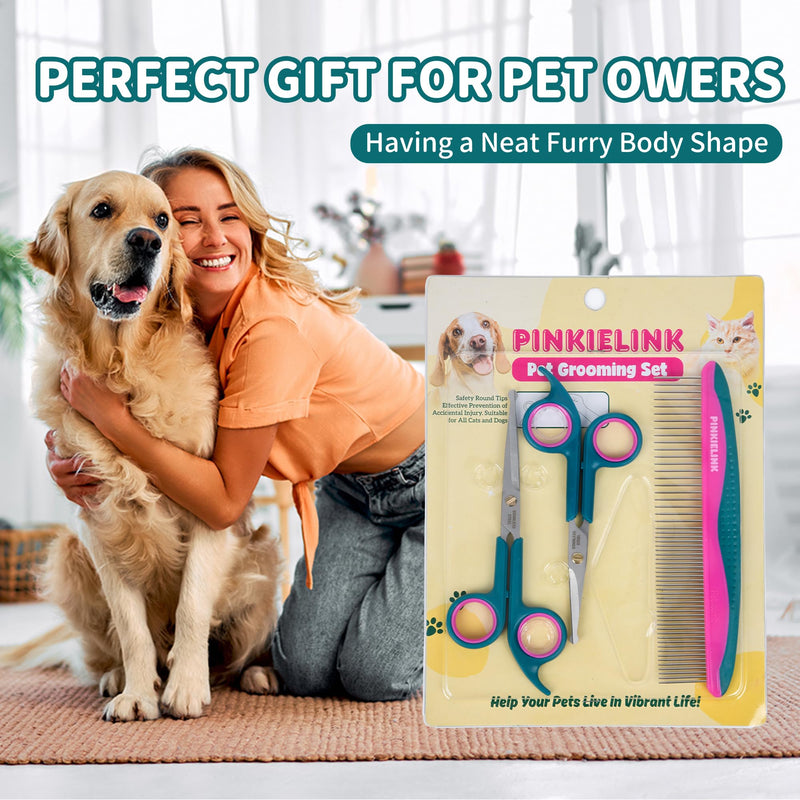 Pet Grooming Scissors Kit, Dog Grooming Shears with Stainless Steel Rounded Tip Blades for Safe Fur Trimming for Dog, Cat, Includes Pet Comb (Set of 3) Green 3 in 1 - PawsPlanet Australia