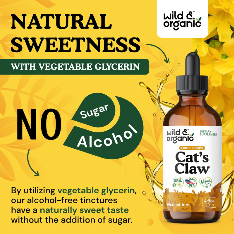 Wild & Organic Cats Claw Herb Supplement - Immune Support - Pure Cats Claw Tincture - Add to Tea Liquid Drops - Uncaria Tomentosa Bark - Vegan, Sugar & Alcohol-Free - 4 fl oz 4 Fl Oz (Pack of 1) - PawsPlanet Australia