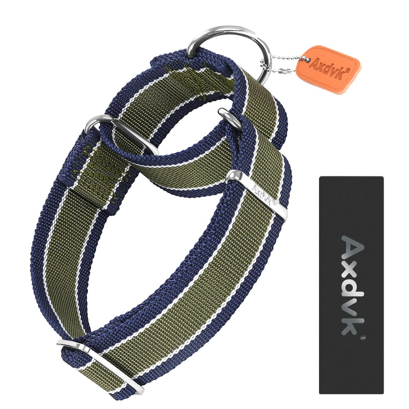 Martingale Collar 1.5 Inch Wide 1600D Extra Strong Anti Escape Nylon Dog Collar, No Pull Heavy Duty Dog Collar with 3-Color Stripe for Medium Dogs (M, Army Green & Gray) Medium: 14" -21" - PawsPlanet Australia