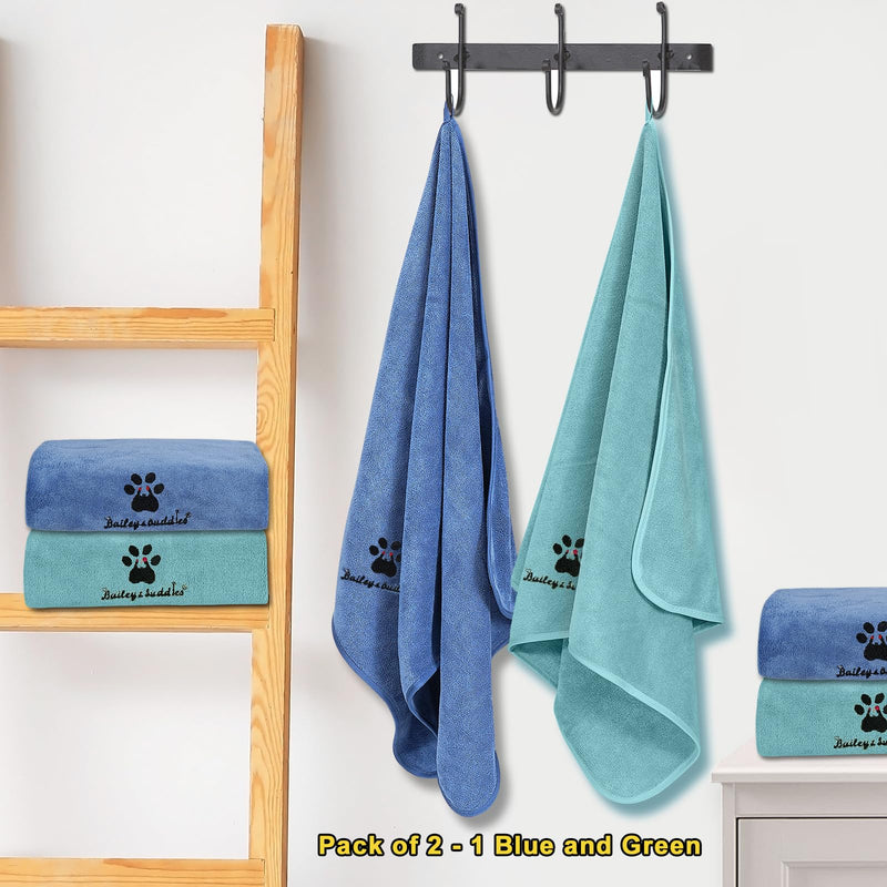Bailey & buddies Dog Towels – Super Absorbent Microfibre Pet Towel Set (2 Pack, Green & Blue) | Quick Dry, Soft & Durable, 100×50cm for Dogs, Cats & Other Pets
