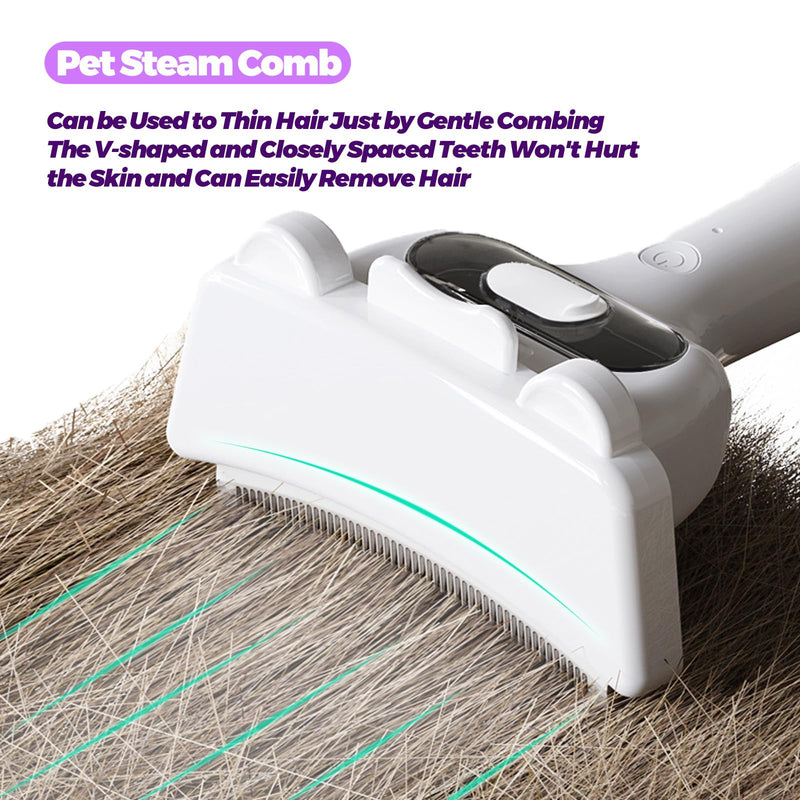 3 in-1 Cat & Dog Steam Comb for Long Short Hair for Any Size Cat & Dog Hair Removal & Shedding, Two Spray Mode with USB, Brush Haired Release Button - Include “2” Waterless Shampoo(White)