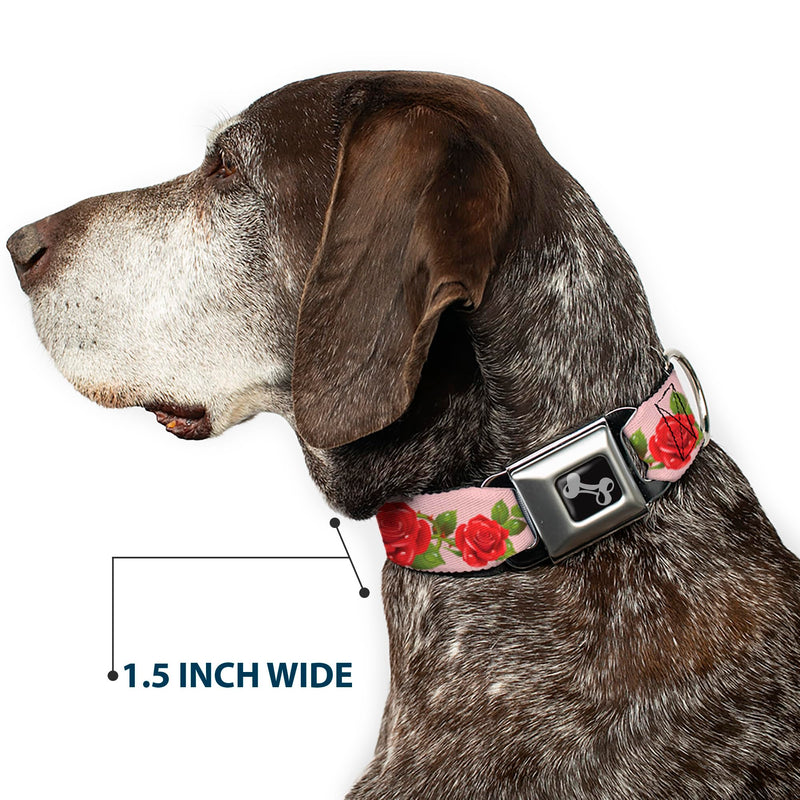 Dog Collar Seatbelt Buckle Rose Trio Leaves Pink 18 to 32 Inches 1.5 Inch Wide 1.5" Wide - Fits 18-32" Neck - Large - PawsPlanet Australia