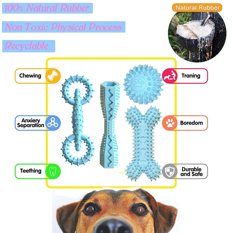 4 Pack Puppy Toys for 2-8 Months Teething Pets Dog Chew Toy Puppies Teeth Cleaning Toy Food Dispensing Soft Rubber Bone Funny Ball Interactive Donut Treat Dumbbell for Small Medium Dogs Blue - PawsPlanet Australia