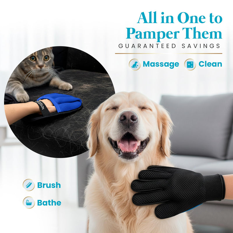 Pet Hair Remover Gloves System – 3-in-1 Set: 2 Grooming Mitts + 1 Reusable Pad for Dogs, Cats & Horses – Professional Shedding Brush for Long & Short Hair