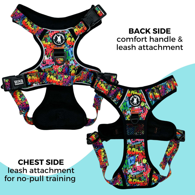 WAG TRENDZ Medium Dog Harness | Dog Harness for Medium Dogs | Front Clip No Pull | Padded Chest Comfort | Breathable Air Mesh | Reflective | Street Graffiti | M - PawsPlanet Australia