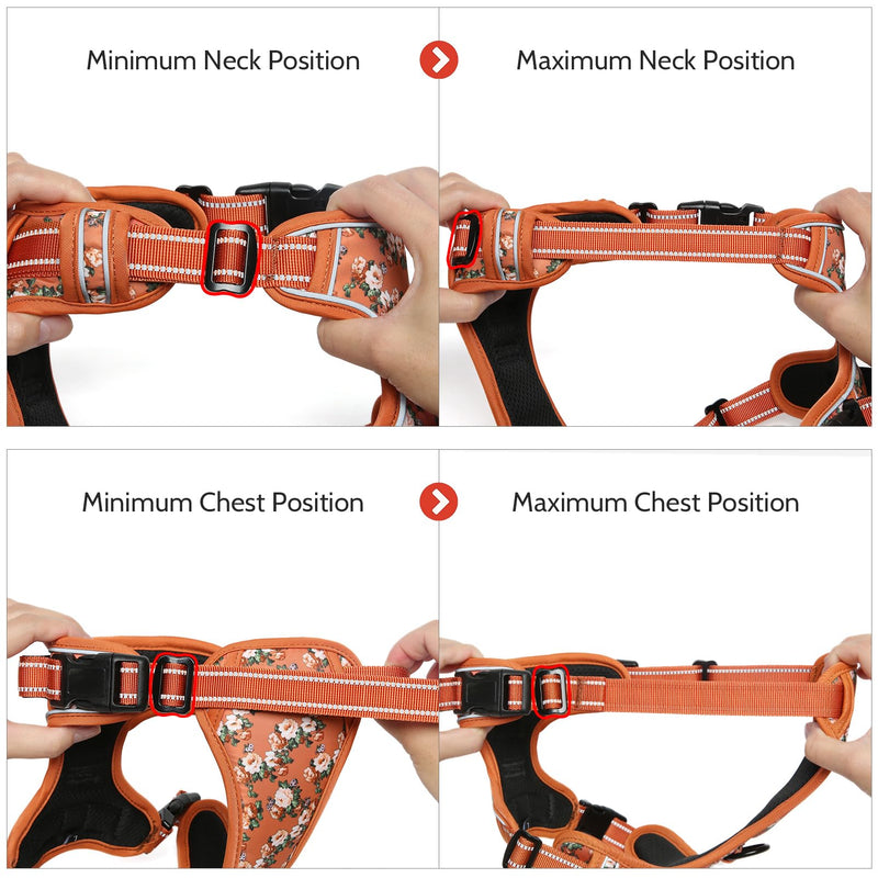 Timos Dog Harness, No Pull Dogs Harness 3 Snap Buckles Adjustable Reflective No Choke Pet Vest for Small Dog with Soft Padded Control Training Handle for Outdoor Training,Flower Orange, S Small (Pack of 1) Normal-Flower Orange - PawsPlanet Australia