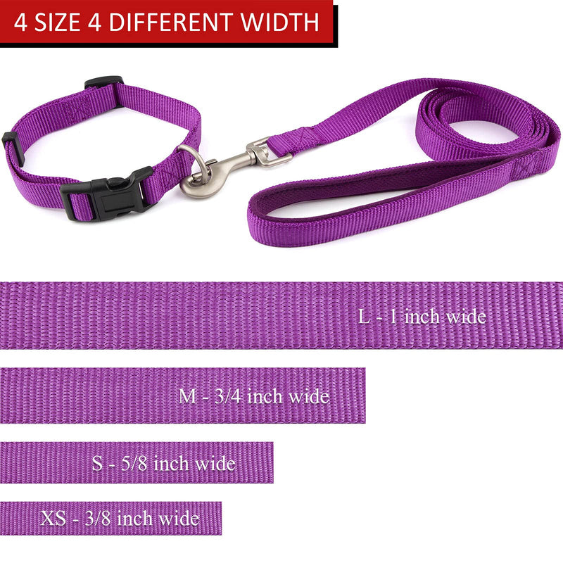 Nylon Dog Collar and Leash Set - Classic Solid Colors for Small, Medium, Large Dogs (Purple, Collar 10-14", 5/8") Purple Small, Collar 10-14", 5/8" - PawsPlanet Australia