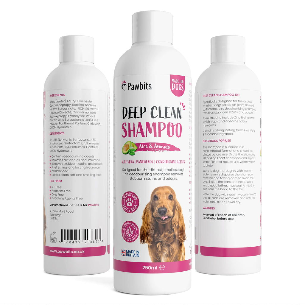 Pawbits Deep Clean Dog Shampoo & Conditioner for Smelly Dirty Dogs & Puppies – With Avocado B5 Aloe Vera. A Long Lasting Deodorising & Moisturising Shampoo – UK Made Cruelty Free 250ML - PawsPlanet Australia