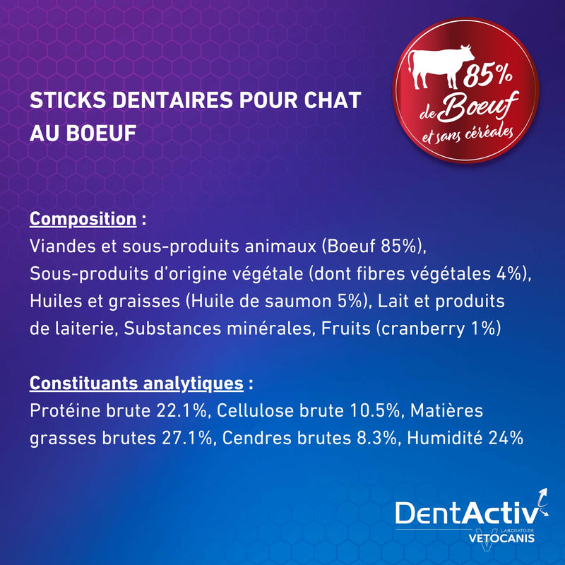 Vetocanis Dentactiv Dental Cat Sticks Delicious Cat Treats Cat Dental Care & Health Cat Snacks 85% Beef Cat Food Recommended by Veterinarians Anti-Plaque System 60 g (Pack of 1)