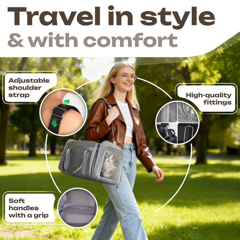 Airline Approved Medium Pet Carrier for Cats & Dogs – Foldable Dog Bag with Soft Mat, Breathable Mesh Windows, Travel-Ready Cat Carrier (Up to 15 lbs, Grey) - PawsPlanet Australia