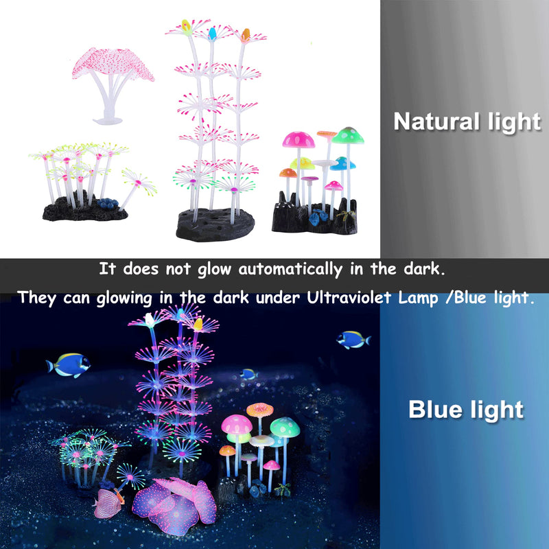 Lpraer 4 Pack Glow Aquarium Decorations Coral Reef Glowing Mushroom Anemone Simulation Glow Plant Glowing Effect Silicone for Fish Tank Decorations 4 Pcs(coral Reef+branch Coral+mushroom+anemone) - PawsPlanet Australia