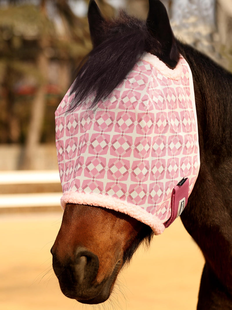 Tackmore Horse Fly Mask Without Ears, Breathable Structured Mesh for Horses, Soft Fleece Edging, UV Protection, Printed Turnout Mask for Pasture-Pink Print L Pink Print