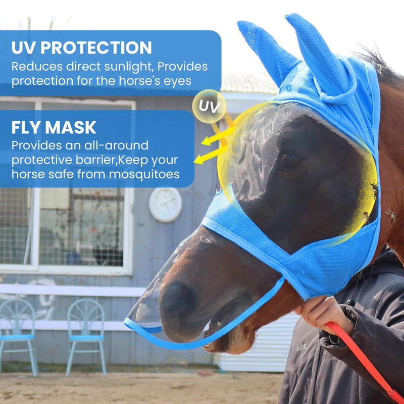 Fly Masks for Horses with Ears and Nose Cover Large Eye Space, Adjustable Horse Fly Mask for Daily UV Protection Breathable Comfort Fit Riding & Competition(Blue, L) Sky Blue